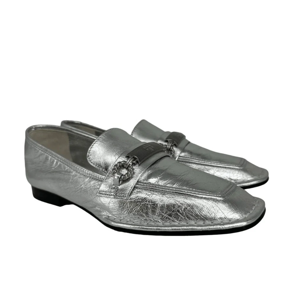 Tory Burch Perrine Metallic Chain Loafers Size 6.5 Silver Leather Flats